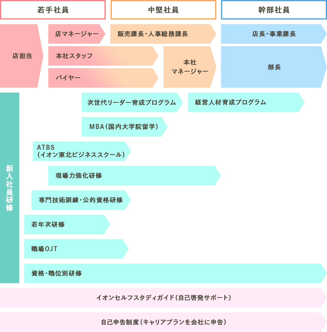 教育体制図。新入社員研修、現場OJT、イオンビジネススクール、資格・職位別研修、次世代リーダー育成プログラム、国内大学院留学など様々な教育プログラムがあります。